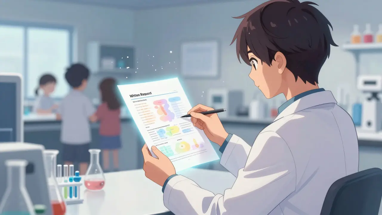 Scientist reviewing document in lab with abstract child silhouettes