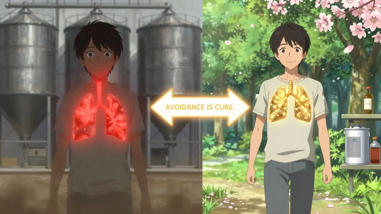 Split scene: one side shows inflamed lungs in a grain silo, the other shows clear lungs in a park — symbolizing recovery through exposure avoidance.