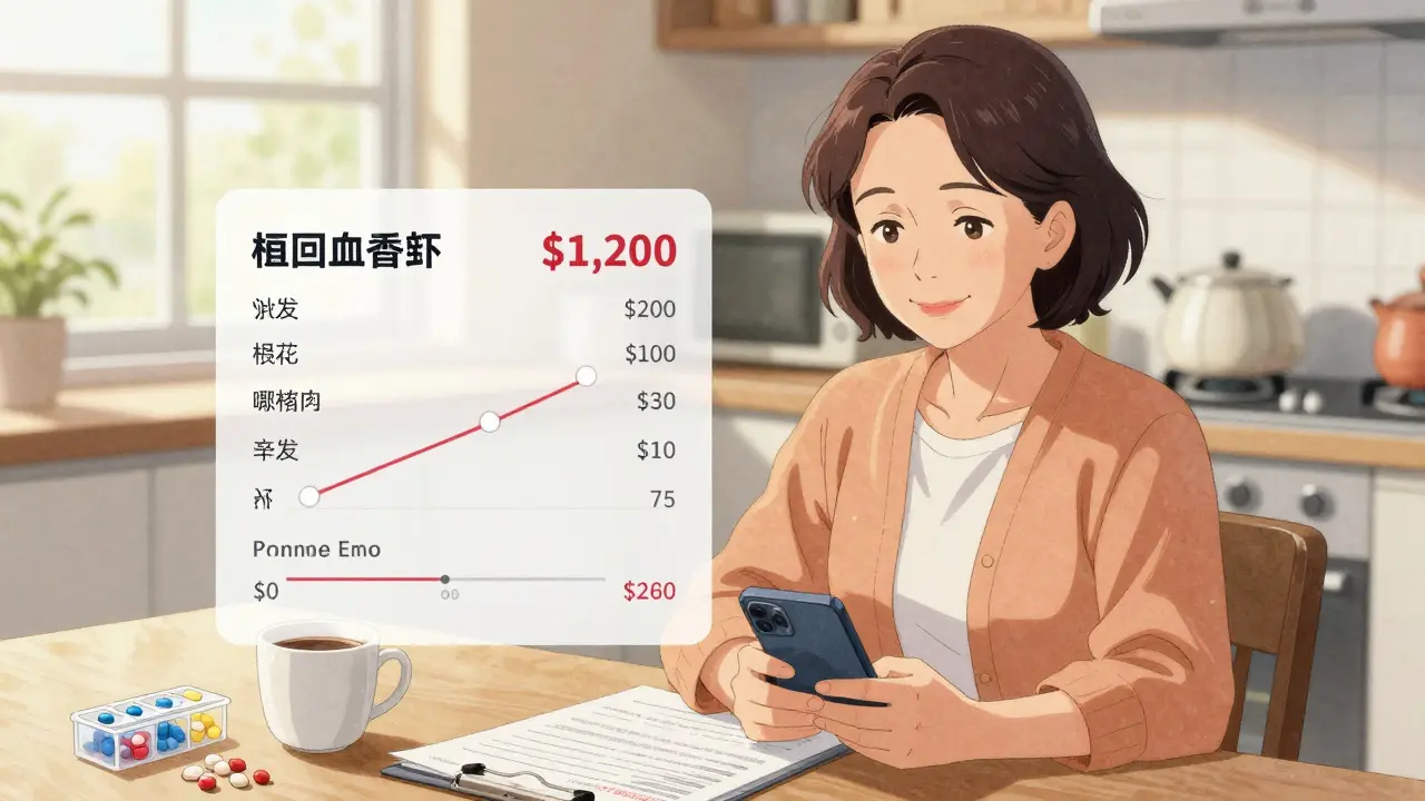 Woman smiles at her smartphone showing unchanged blood tests and ,200 in savings from switching to generic medication.