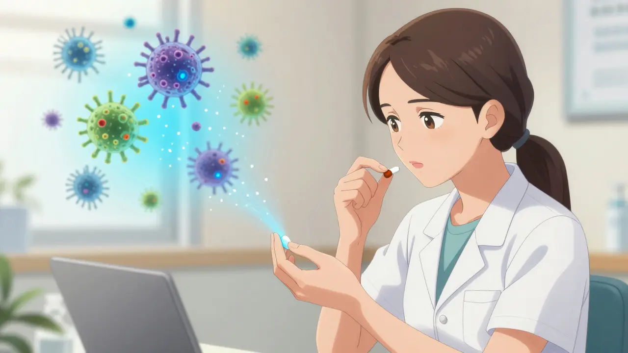 A patient taking medication under the supervision of a healthcare worker in a bright clinic.
