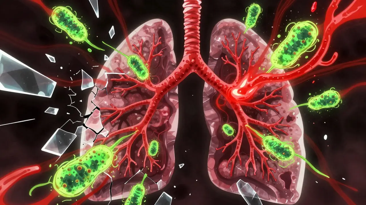 A shattering blue barrier releasing red and green bacterial swirls into lung tissue.