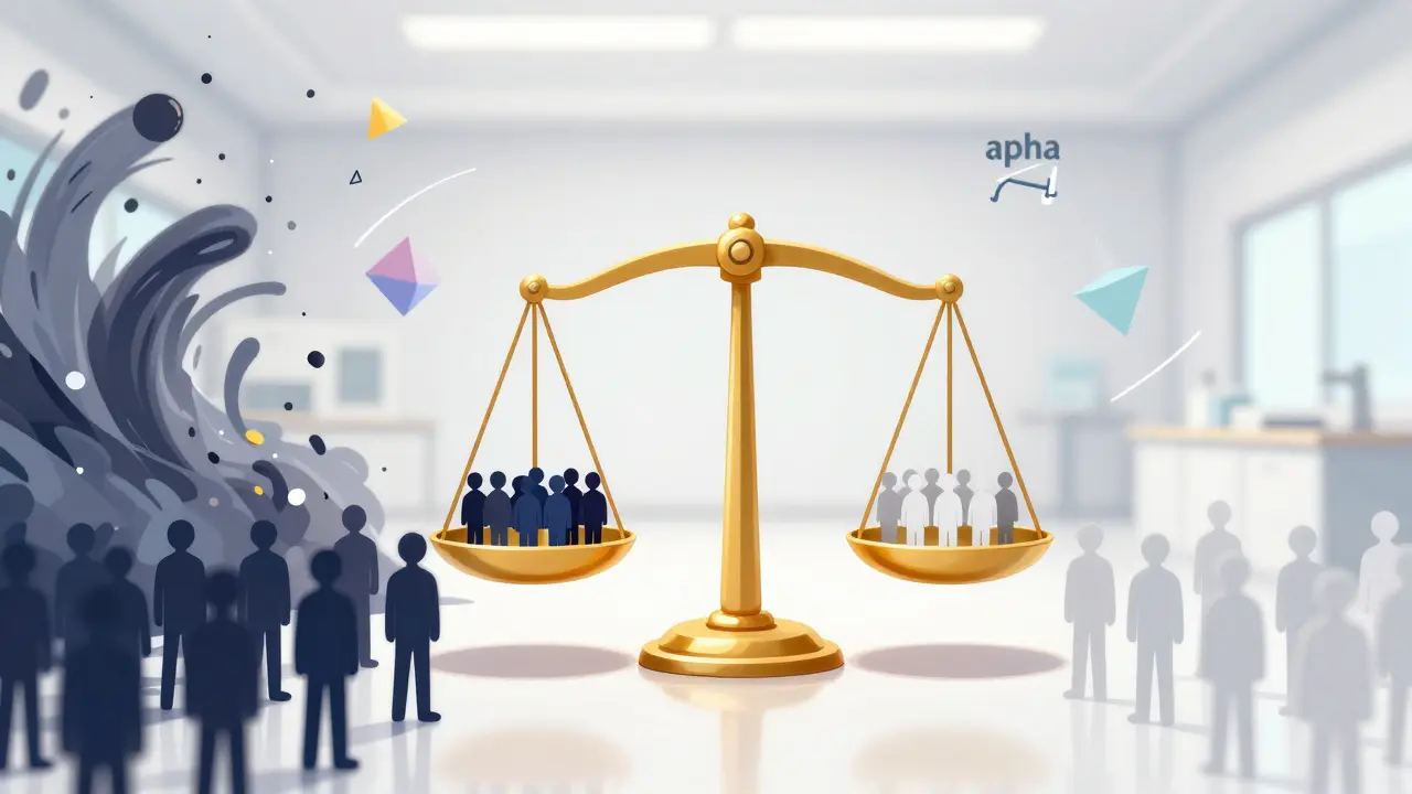 Conceptual anime illustration of a golden scale balancing the ideal number of study participants.