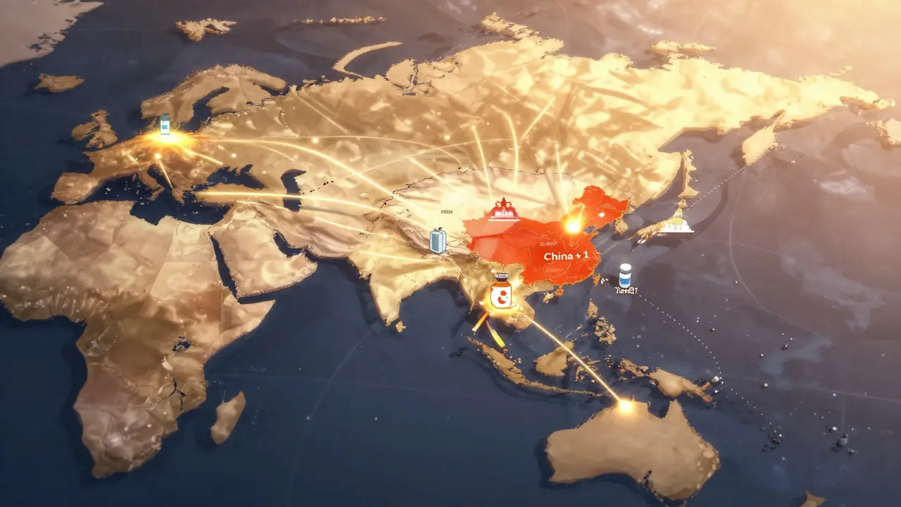 Digital map of Asia showing pharmaceutical supply chain links between emerging economies.