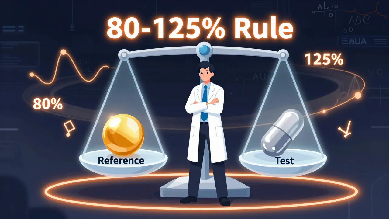 Expert analyzing drug bioequivalence on a holographic scale with 80-125% limits