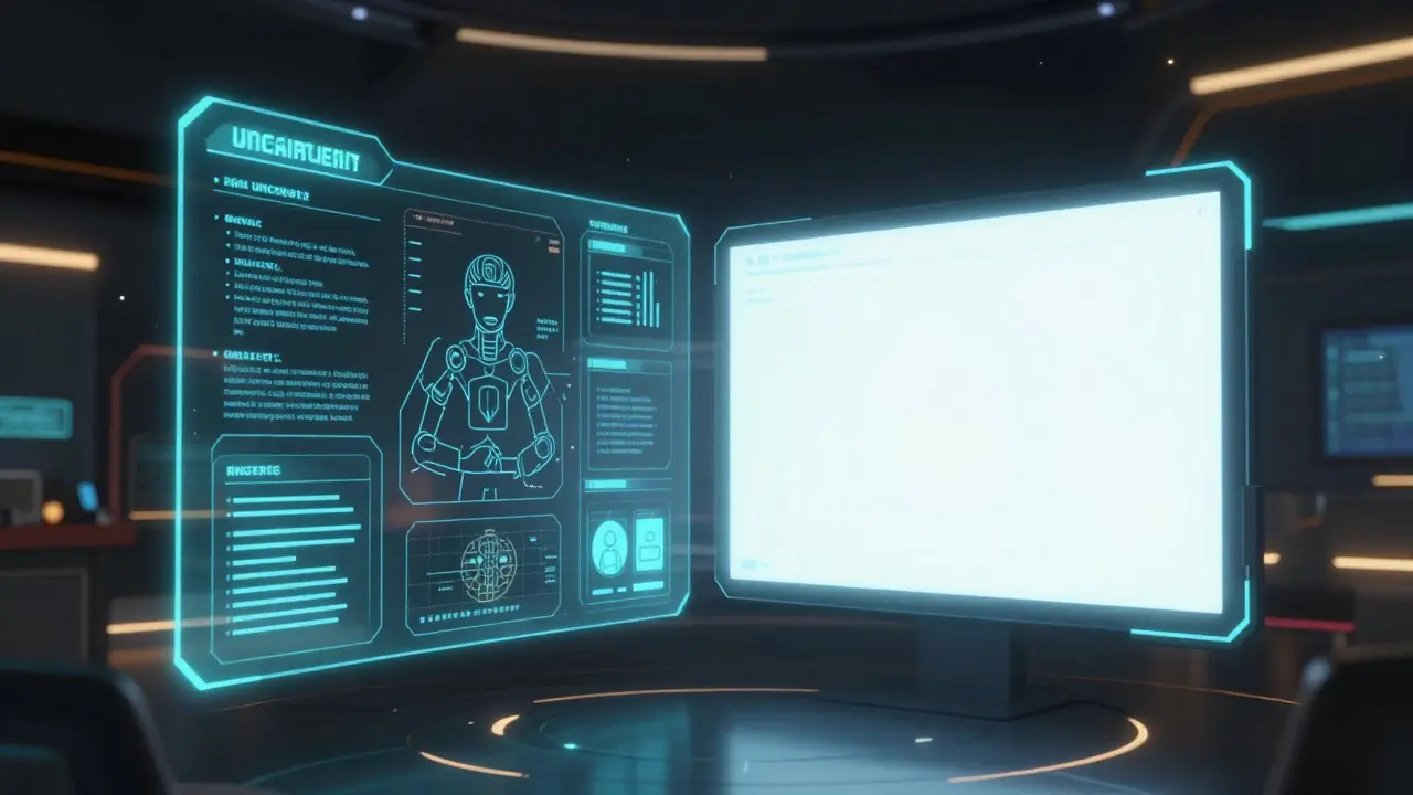 Futuristic AI interface morphing between a detailed technical view and a minimalist layout.
