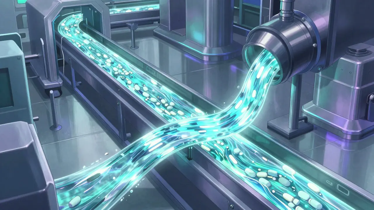 Futuristic continuous manufacturing line with a seamless flow of medication