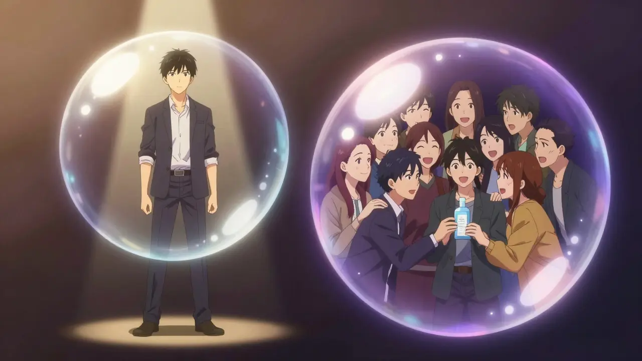 Holographic comparison of individual achievement versus community social proof.