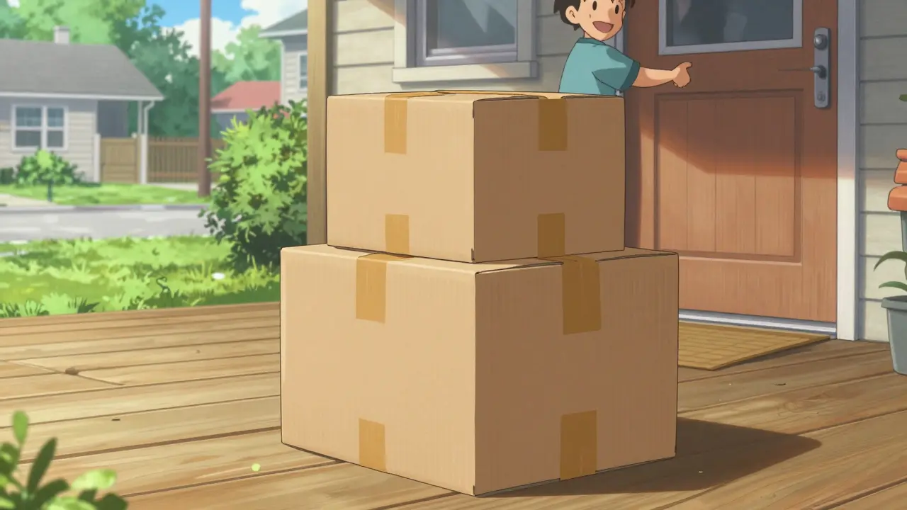 Medication delivery package on a sunny porch with a happy person opening the door