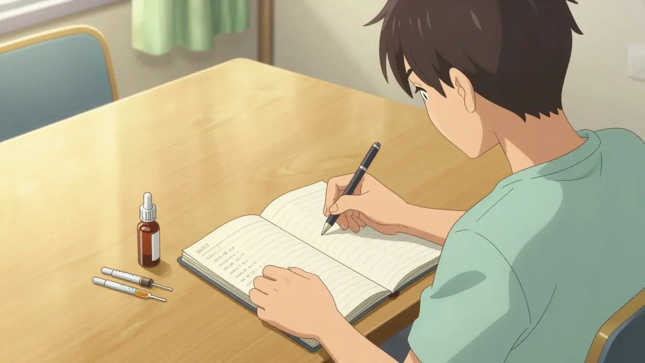 Person calmly recording symptoms in a diary next to liquid medication droppers