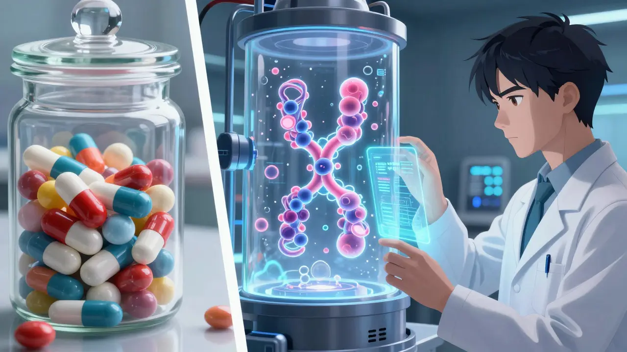 Scientist analyzing a complex biosimilar protein structure in a high-tech lab.