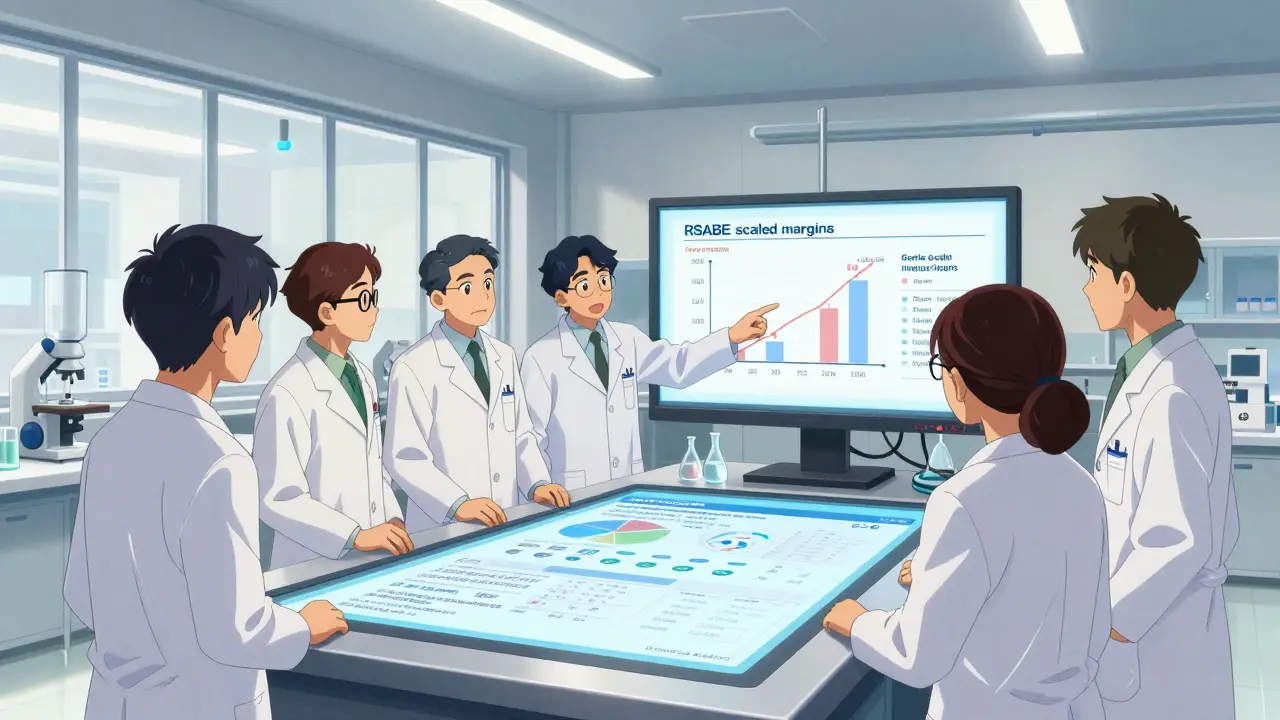 Scientists in a modern lab reviewing a successful bioequivalence study plan in anime style.