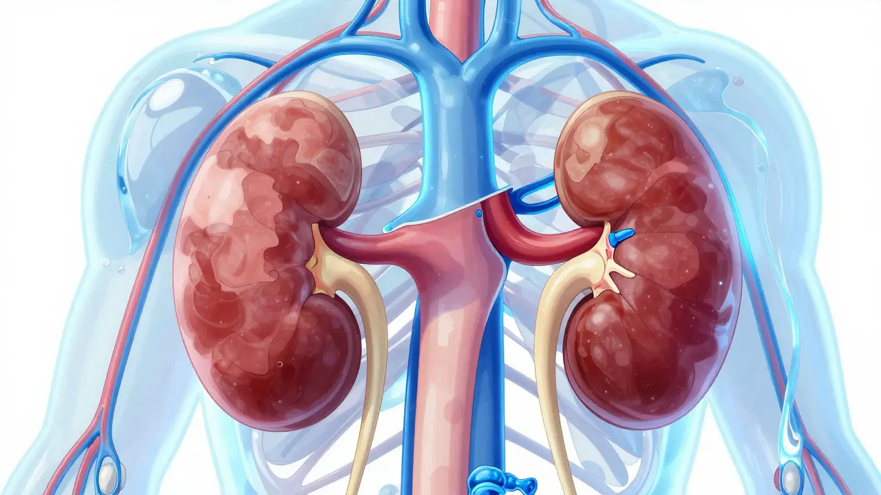 Stylized artistic visualization of kidneys filtering fluid from the circulatory system